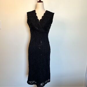 Black Lace Sequin Scalloped V-Neck Midi Sheath Dress Size